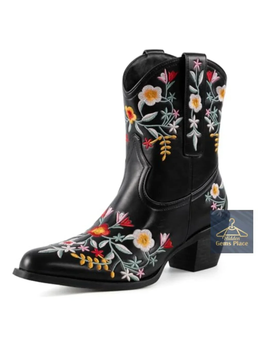 Faux Leather Embroidered Cowgirl Boots - Chunky Heel Pull-On